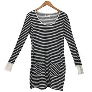 Market Gray Off White Striped Long Sleeve Tunic Top Pockets